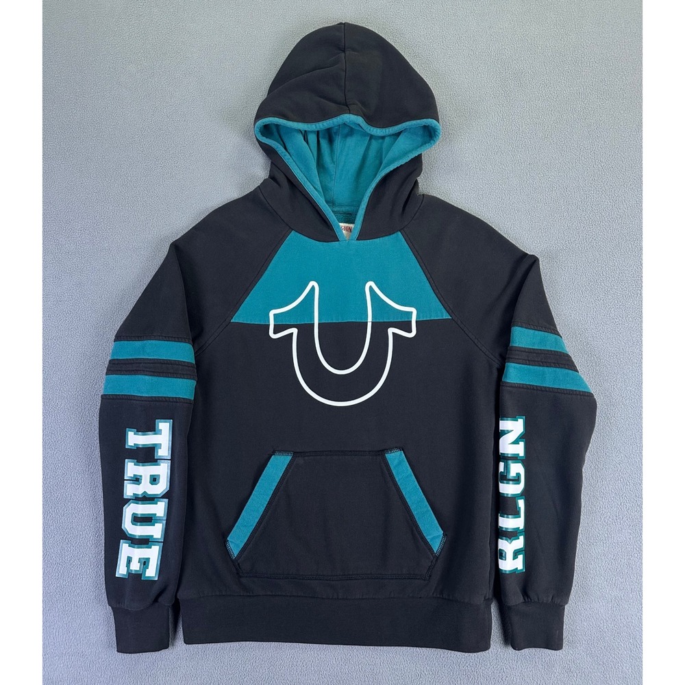 True Religion Hoodie Adult Medium Black Teal Logo PNL Sleeve Logo